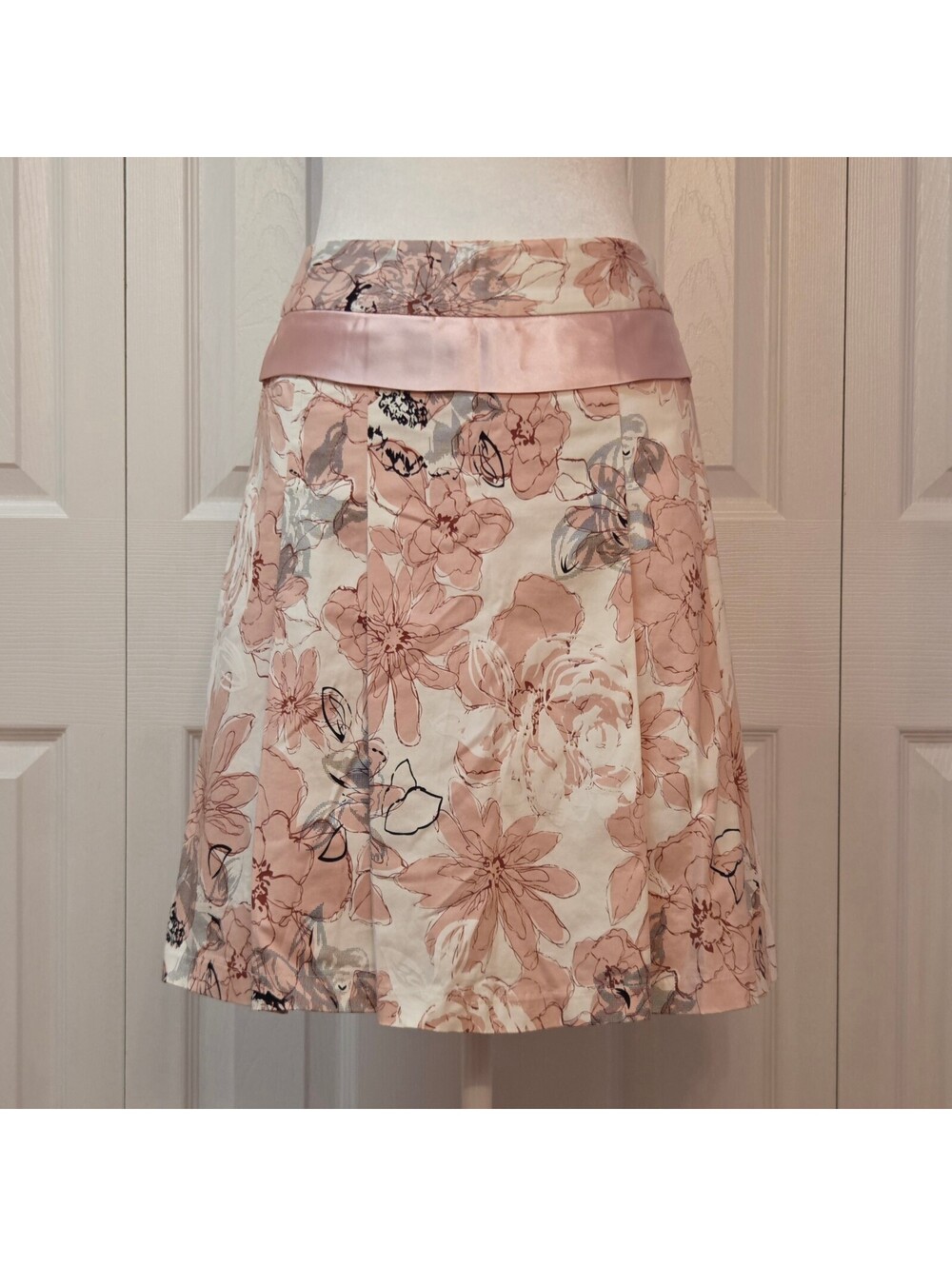 Pink Watercolor Floral Print Pleated A-line Midi Skirt Size XS Y2K Summer